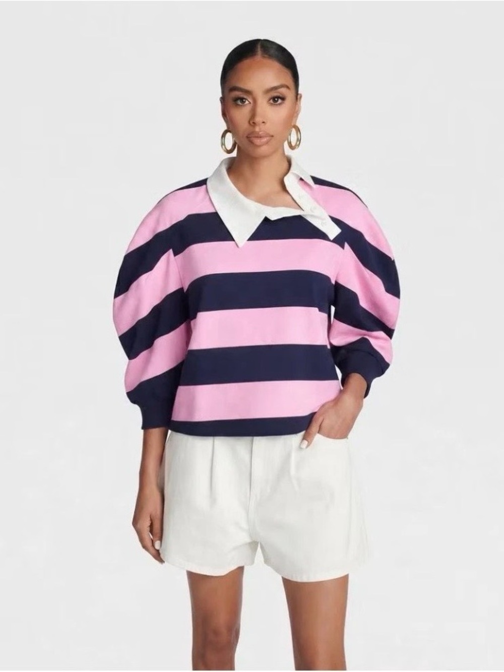 KBB by KAHLANA Striped Puff-Sleeve rugby Top in Pink & Navy